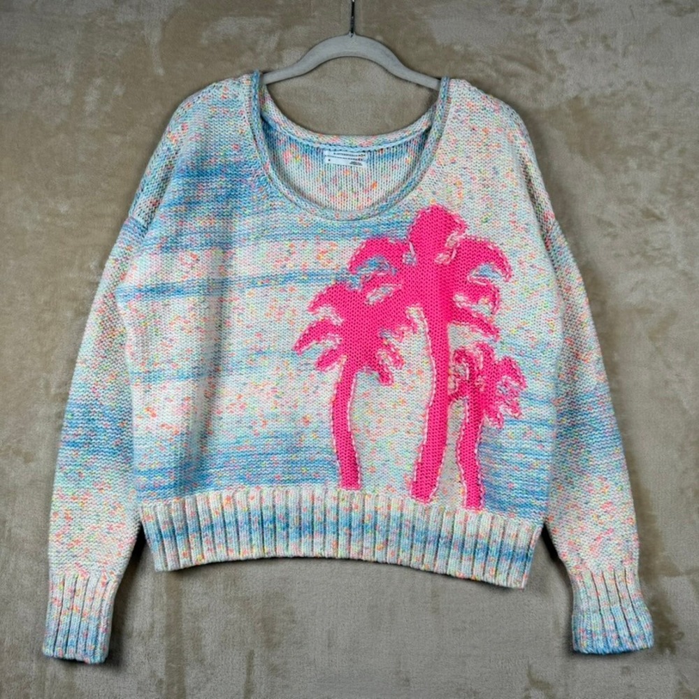 Anthropologie Confetti Space Dye Palm Tree Knit Sweater Pink Blue Womens Medium